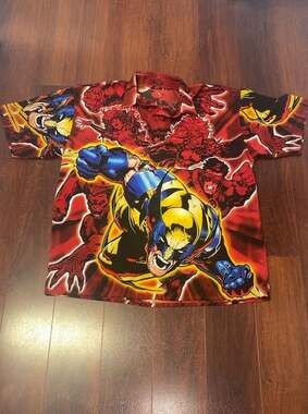 Vintage 2001 Marvel Comics X-Men Wolverine All Over Print Button Up Shirt XL